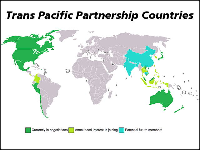The Trans-Pacific Partnership includes the U.S., Australia, Brunei, Chile, Canada, Japan, Malaysia, Mexico, New Zealand, Peru, Singapore, and Vietnam. (Graphic courtesy of Wikimedia Commons)